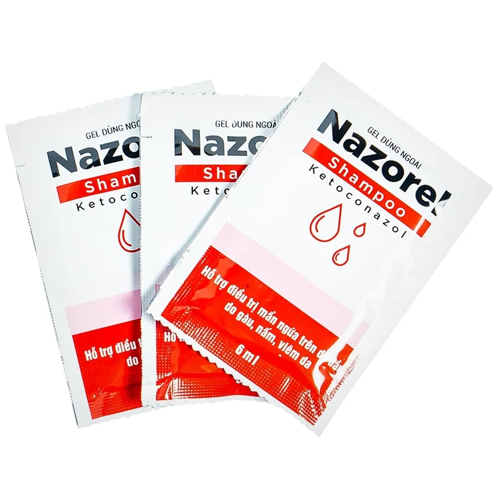 Hình ảnh Gel dùng ngoài Nazorel Shampoo Ketoconazol hỗ trợ điều trị mẩn ngứa da đầu do gàu và nấm, viêm da (50 gói x 6ml)