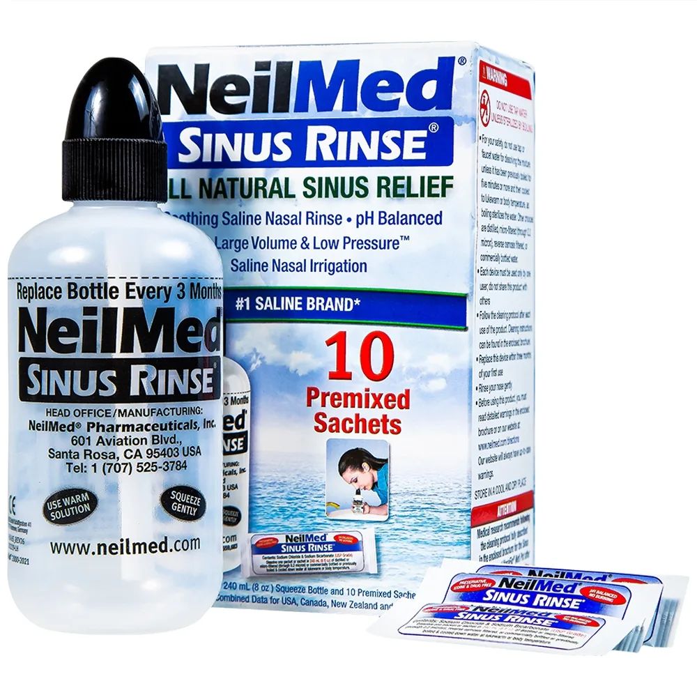 Hình ảnh Bộ dụng cụ 1 bình + 10 gói bột rửa mũi NeilMed Sinus Rinse làm sạch và ngăn ngừa chứng viêm mũi dị ứng