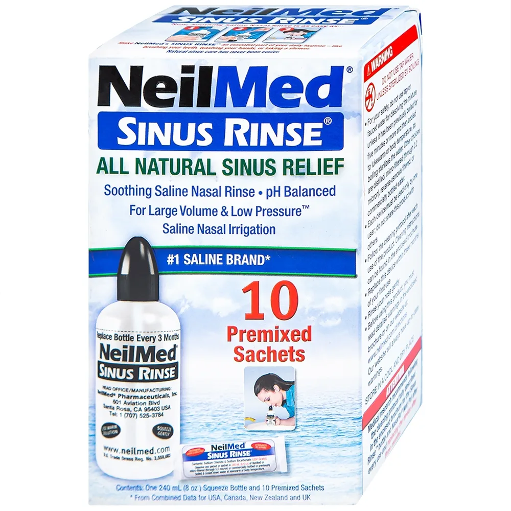 Hình ảnh Bộ dụng cụ 1 bình + 10 gói bột rửa mũi NeilMed Sinus Rinse làm sạch và ngăn ngừa chứng viêm mũi dị ứng
