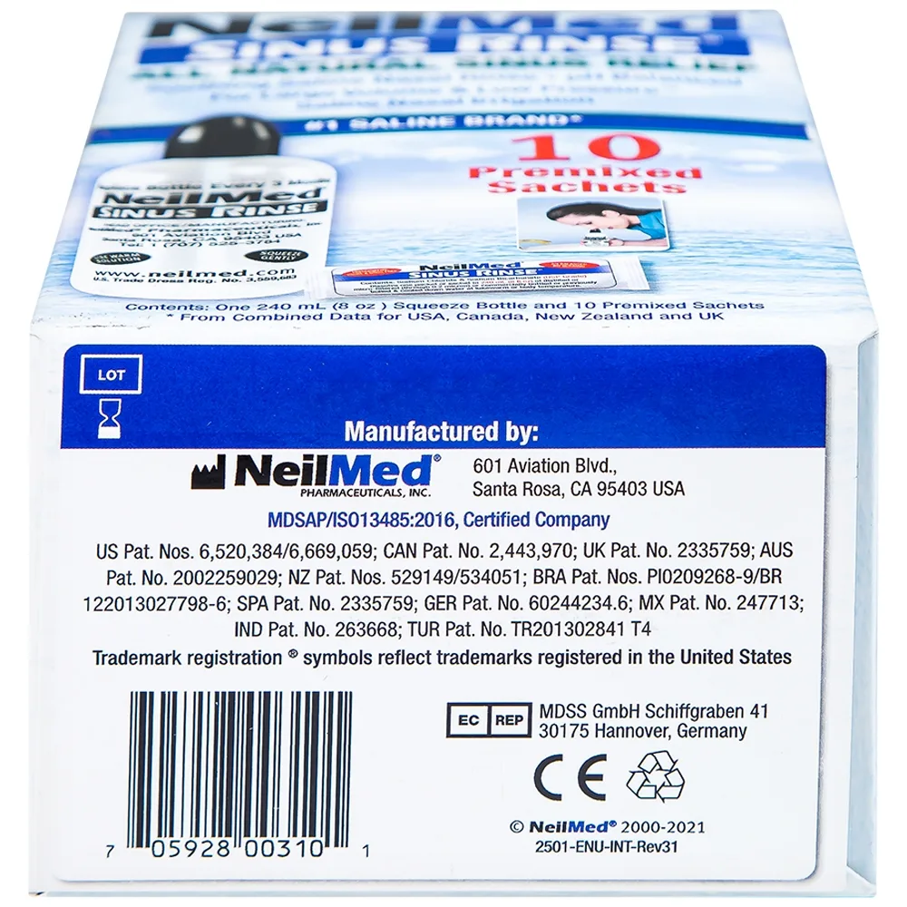 Hình ảnh Bộ dụng cụ 1 bình + 10 gói bột rửa mũi NeilMed Sinus Rinse làm sạch và ngăn ngừa chứng viêm mũi dị ứng