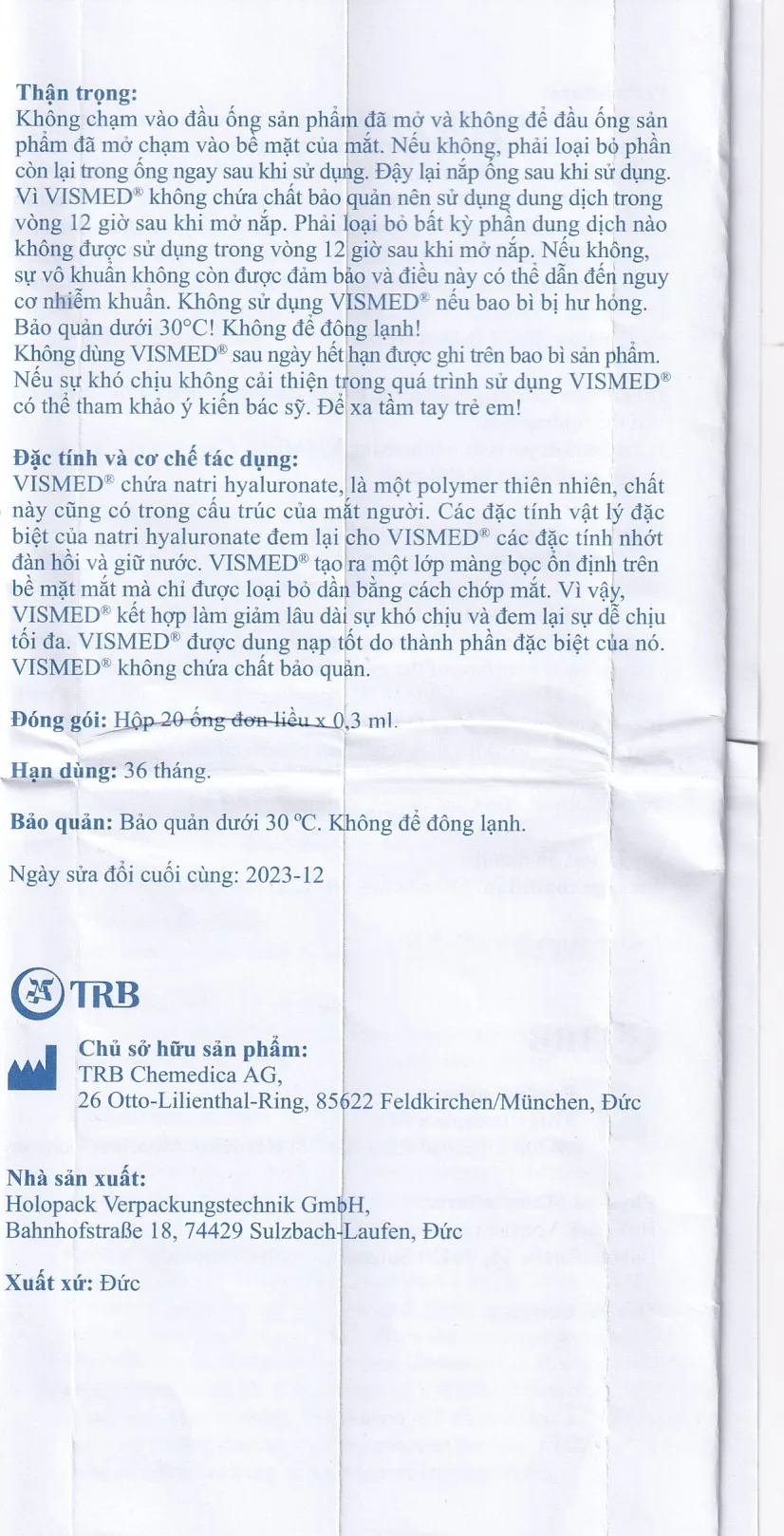 Hình ảnh Dung dịch nhỏ mắt Vismed TRB Chemedica dùng cho khô mắt hoặc tổn thương bề mặt nhãn cầu (20 ống x 0.3 ml)
