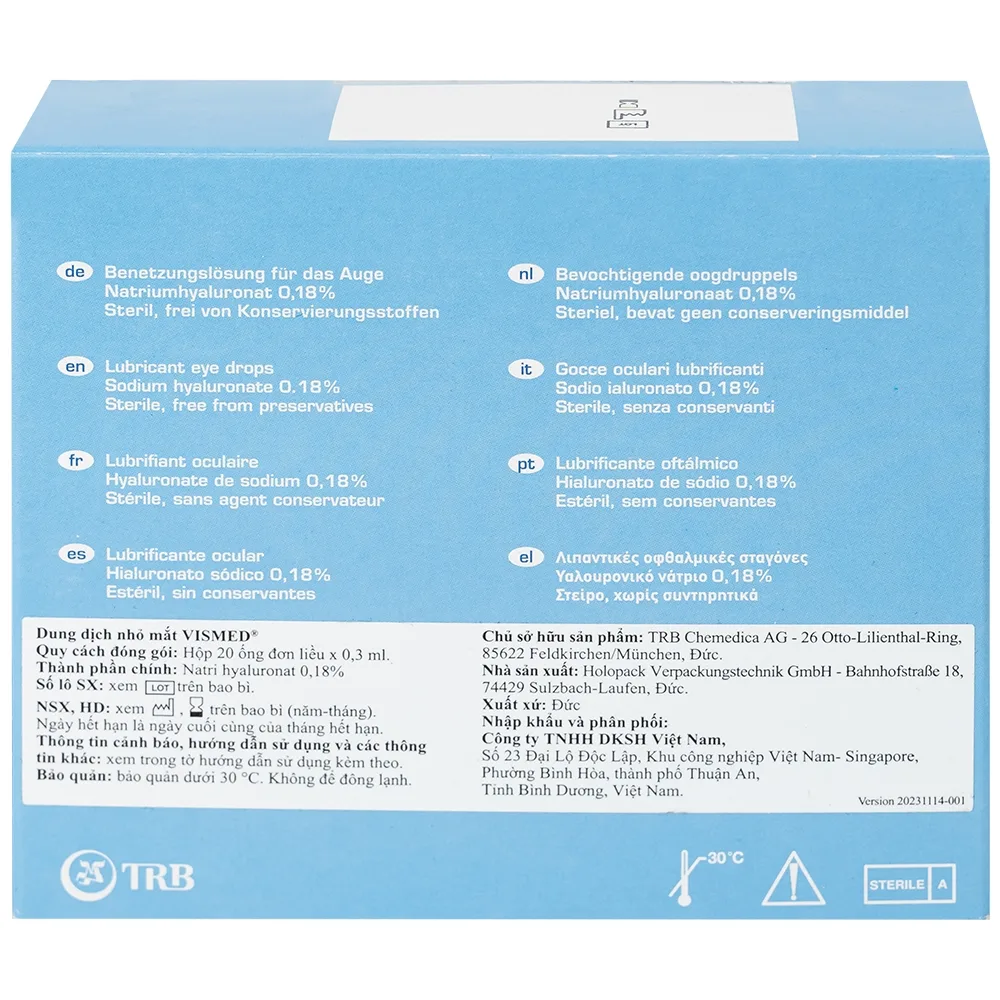 Hình ảnh Dung dịch nhỏ mắt Vismed TRB Chemedica dùng cho khô mắt hoặc tổn thương bề mặt nhãn cầu (20 ống x 0.3 ml)