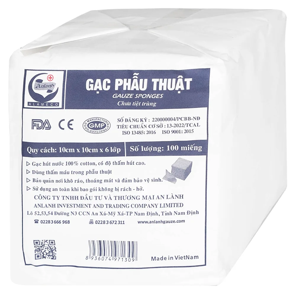 Hình ảnh Gạc phẫu thuật An Lành 10cm x 10cm x 6 lớp Alameco dùng thấm máu trong phẫu thuật (100 miếng)