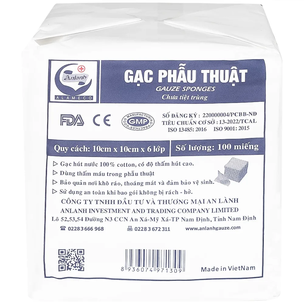 Hình ảnh Gạc phẫu thuật An Lành 10cm x 10cm x 6 lớp Alameco dùng thấm máu trong phẫu thuật (100 miếng)