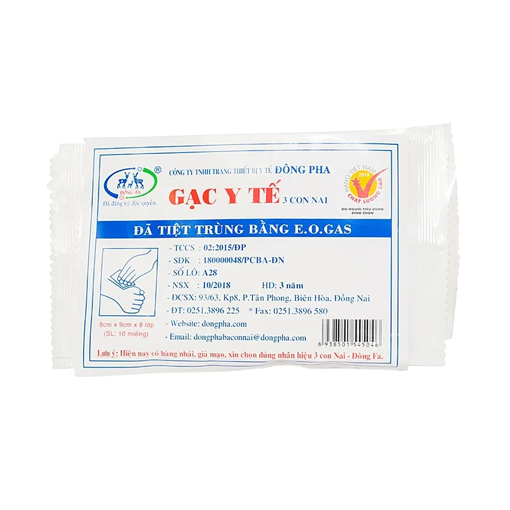 Hình ảnh Gạc y tế tiệt trùng 3 Con Nai Đông Pha thấm hút cao, sơ cứu vết thương nhỏ, thấm máu và dịch tiết (10 miếng)