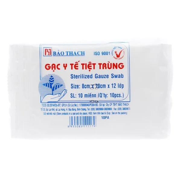 Hình ảnh Gạc y tế 8cm x 10cm x 12 lớp tiệt trùng Bảo Thạch làm sạch các vết thương nhỏ, thấm máu và dịch tiết (10 miếng)