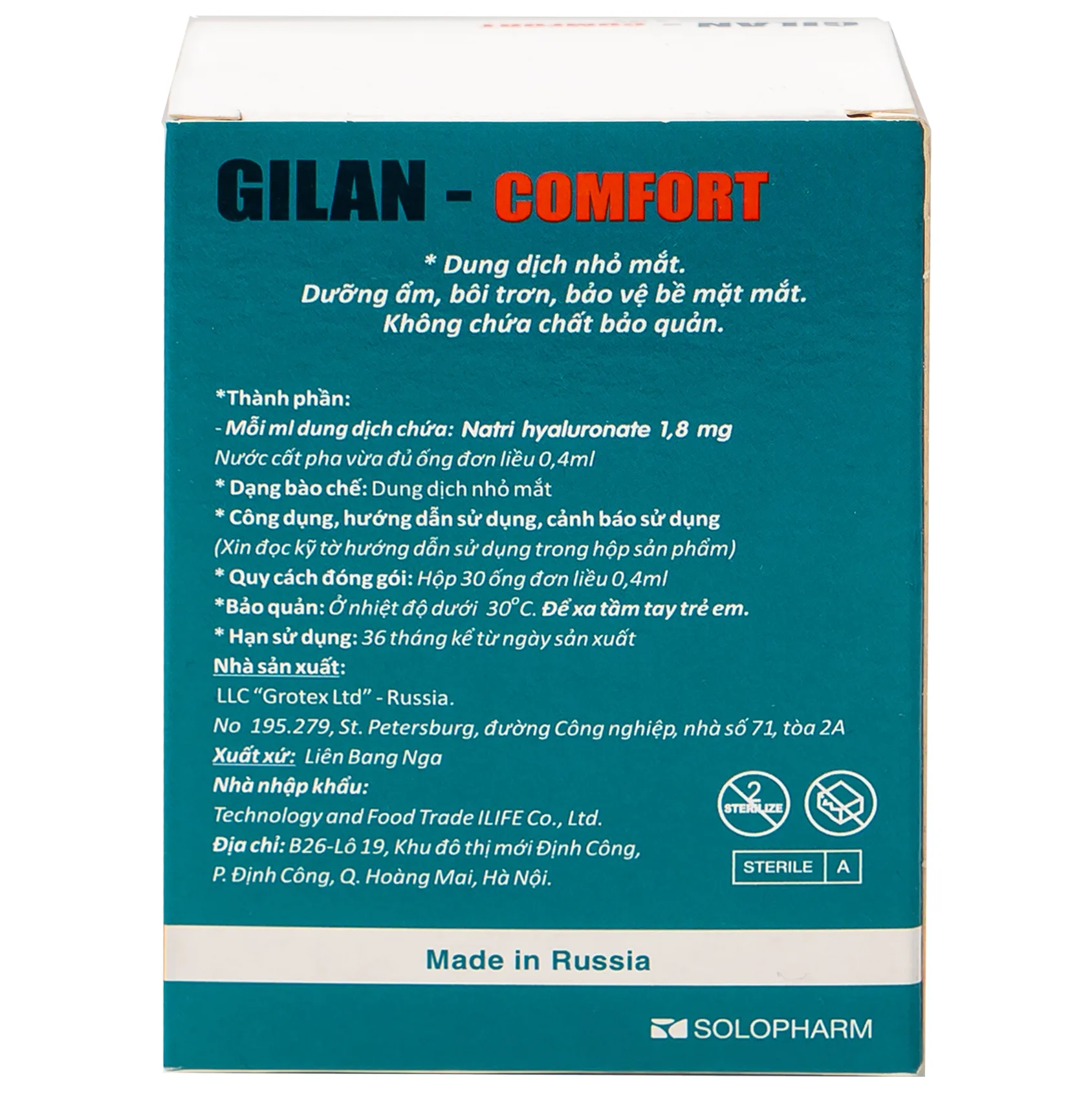 Hình ảnh Dung dịch nhỏ mắt Gilan Comfort Solopharm 0.4ml điều trị khô mắt, hội chứng Stevens Johnson (30 ống)