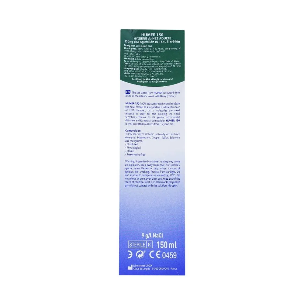 Hình ảnh Dung dịch xịt mũi Humer 150 Nose Hygiene Urgo dùng để vệ sinh khoang mũi