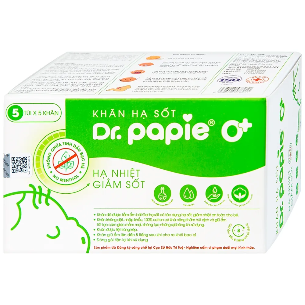 Hình ảnh Khăn hạ sốt DR.Papie 0+ hỗ trợ hạ nhiệt giảm sốt (5 túi x 5 khăn)