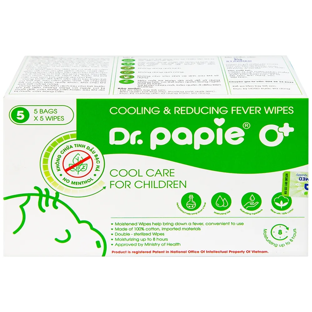 Hình ảnh Khăn hạ sốt DR.Papie 0+ hỗ trợ hạ nhiệt giảm sốt (5 túi x 5 khăn)
