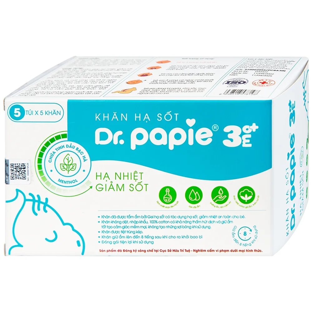 Hình ảnh Khăn hạ sốt Dr.Papie 3M0+ hỗ trợ hạ nhiệt giảm sốt (5 túi x 5 khăn)