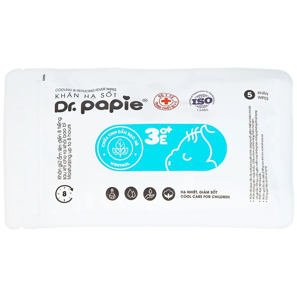 Hình ảnh Khăn hạ sốt Dr.Papie 3M0+ hỗ trợ hạ nhiệt giảm sốt (5 túi x 5 khăn)