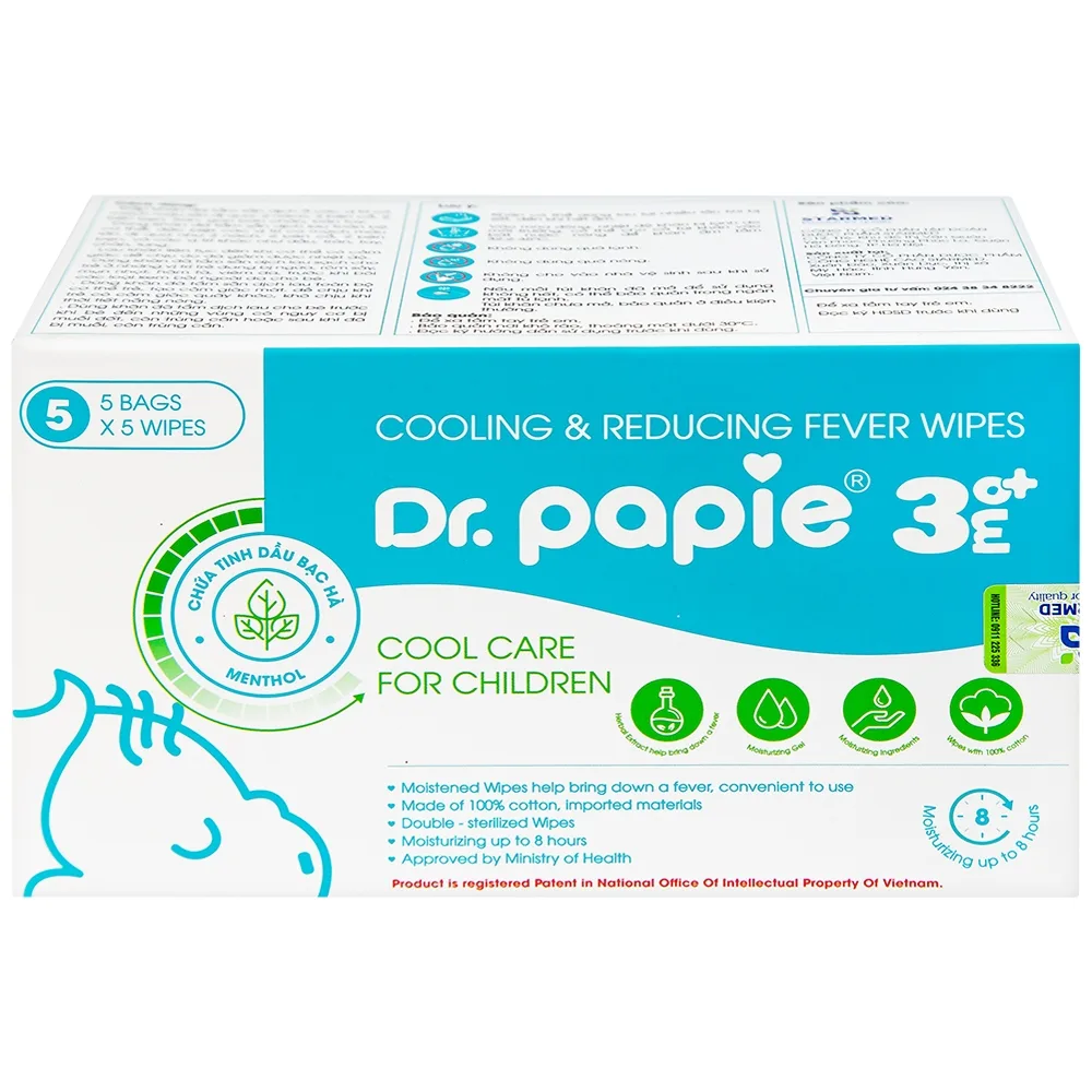Hình ảnh Khăn hạ sốt Dr.Papie 3M0+ hỗ trợ hạ nhiệt giảm sốt (5 túi x 5 khăn)