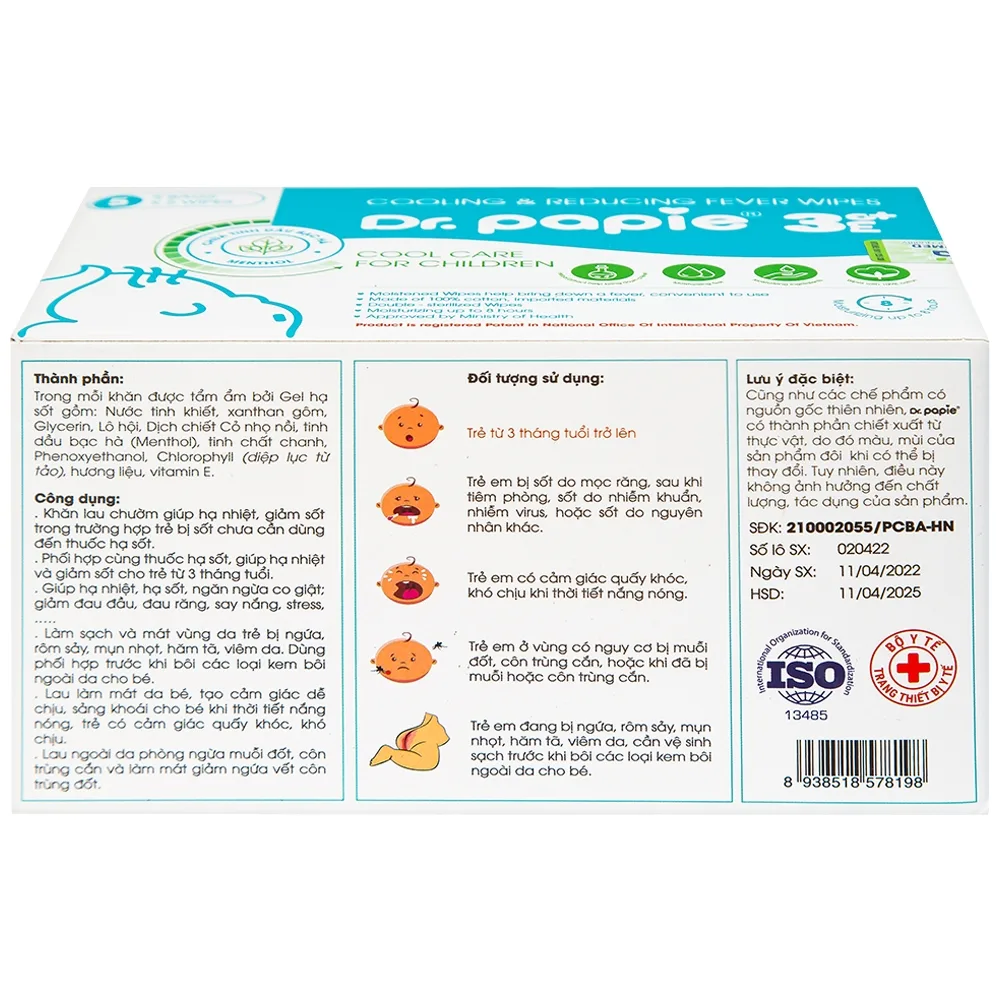Hình ảnh Khăn hạ sốt Dr.Papie 3M0+ hỗ trợ hạ nhiệt giảm sốt (5 túi x 5 khăn)
