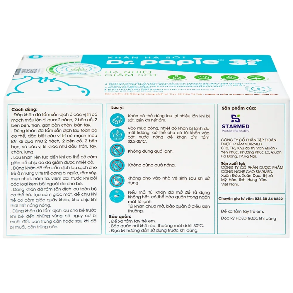 Hình ảnh Khăn hạ sốt Dr.Papie 3M0+ hỗ trợ hạ nhiệt giảm sốt (5 túi x 5 khăn)