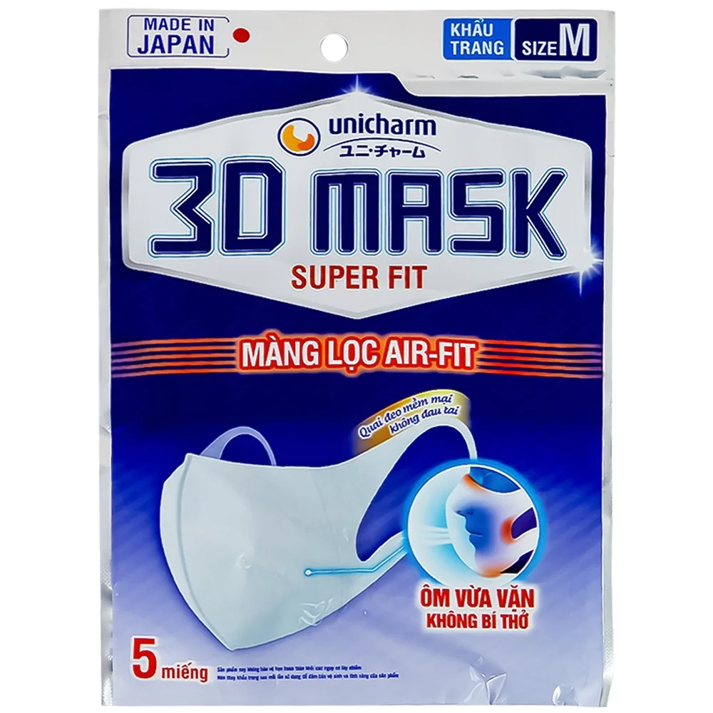Hình ảnh Khẩu trang Unicharm 3D Mask Super Fit  size M hỗ trợ ngăn khói, bụi, kháng khuẩn (5 cái)
