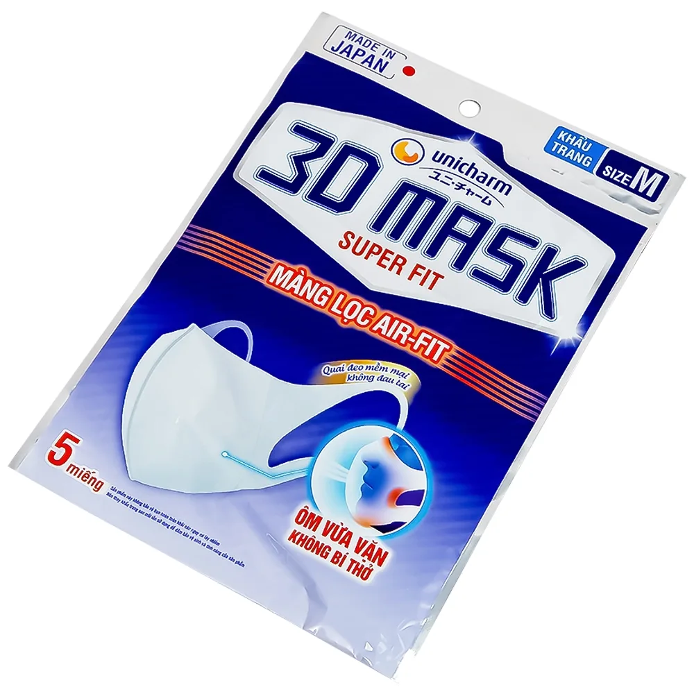 Hình ảnh Khẩu trang Unicharm 3D Mask Super Fit  size M hỗ trợ ngăn khói, bụi, kháng khuẩn (5 cái)