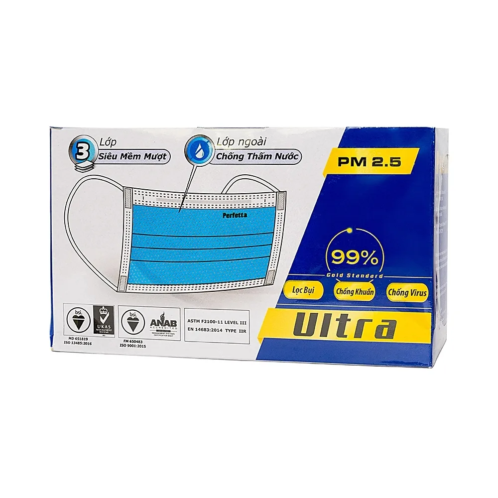 Hình ảnh Khẩu trang y tế Perfetta Ultra màu xanh 3 lớp hỗ trợ ngăn khói, bụi (40 hộp x 35 cái)