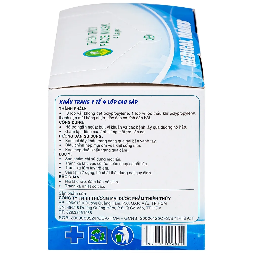 Hình ảnh Khẩu trang y tế Thiên Thủy 4 lớp hỗ trợ ngăn khói, bụi, kháng khuẩn (50 cái)
