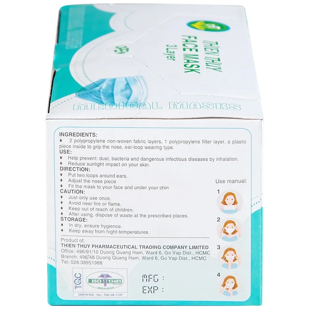 Hình ảnh Khẩu trang y tế Thiên Thủy 3 lớp hỗ trợ ngăn khói, bụi, kháng khuẩn (50 cái)
