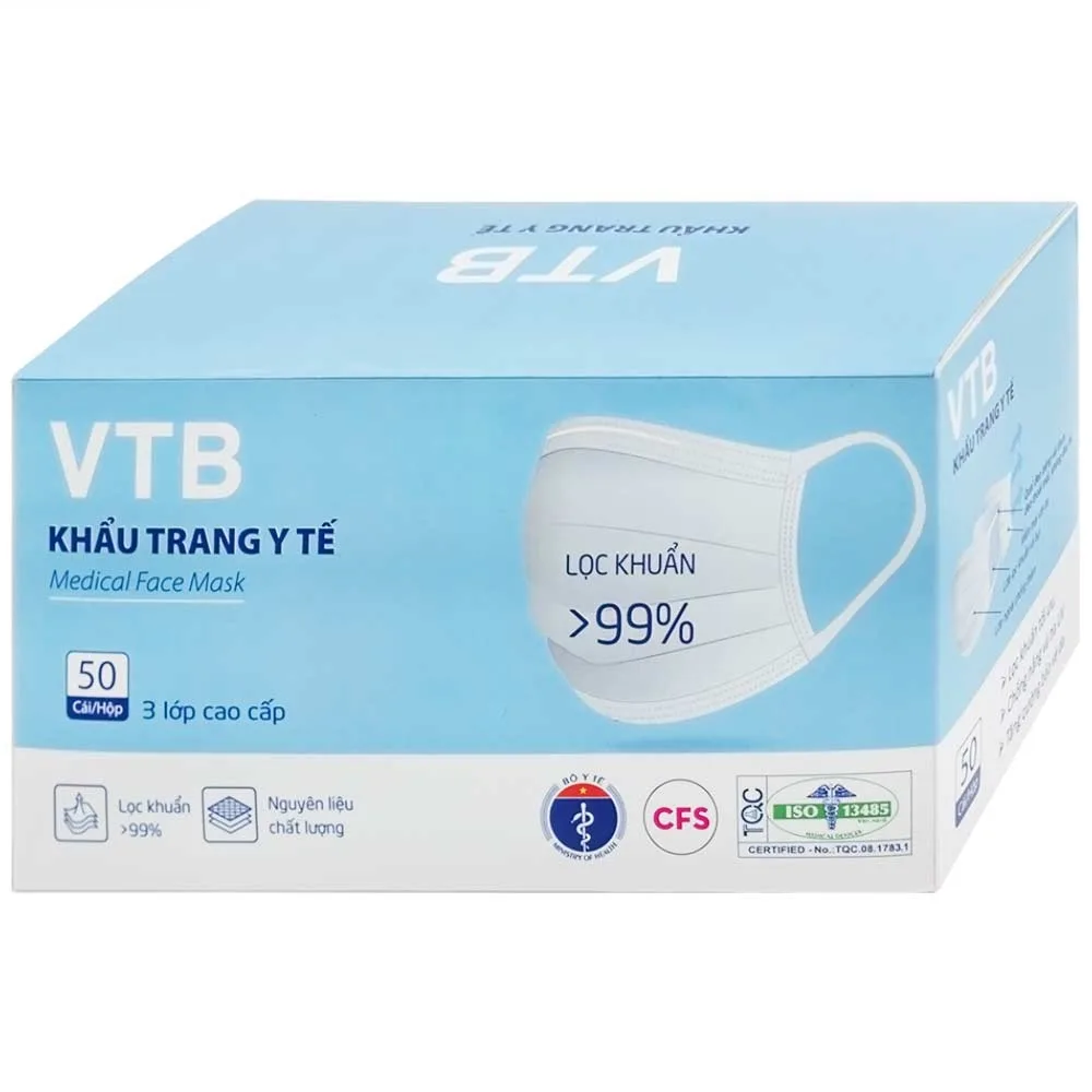 Hình ảnh Khẩu trang y tế VTB màu trắng 3 lớp hỗ trợ ngăn khói, bụi, kháng khuẩn (50 cái)