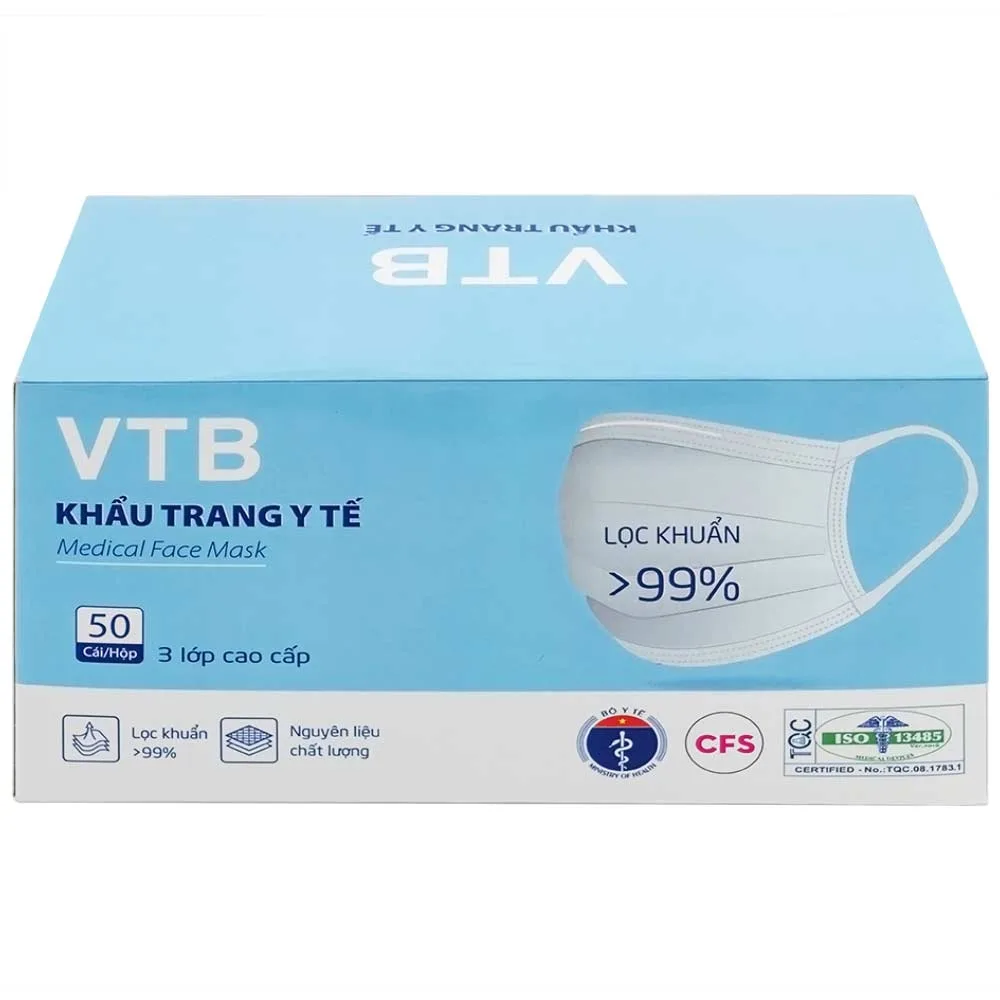 Hình ảnh Khẩu trang y tế VTB màu trắng 3 lớp hỗ trợ ngăn khói, bụi, kháng khuẩn (50 cái)