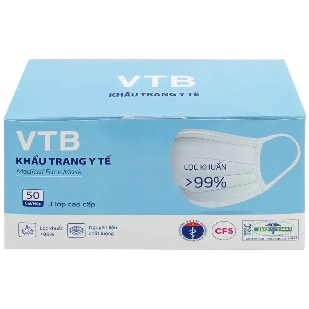 Hình ảnh Khẩu trang y tế VTB màu trắng 3 lớp hỗ trợ ngăn khói, bụi, kháng khuẩn (50 cái)