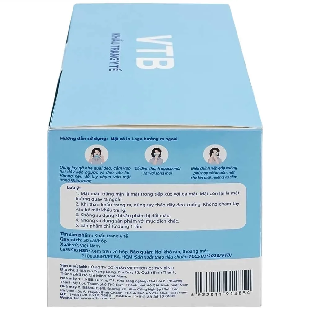 Hình ảnh Khẩu trang y tế VTB màu trắng 3 lớp hỗ trợ ngăn khói, bụi, kháng khuẩn (50 cái)