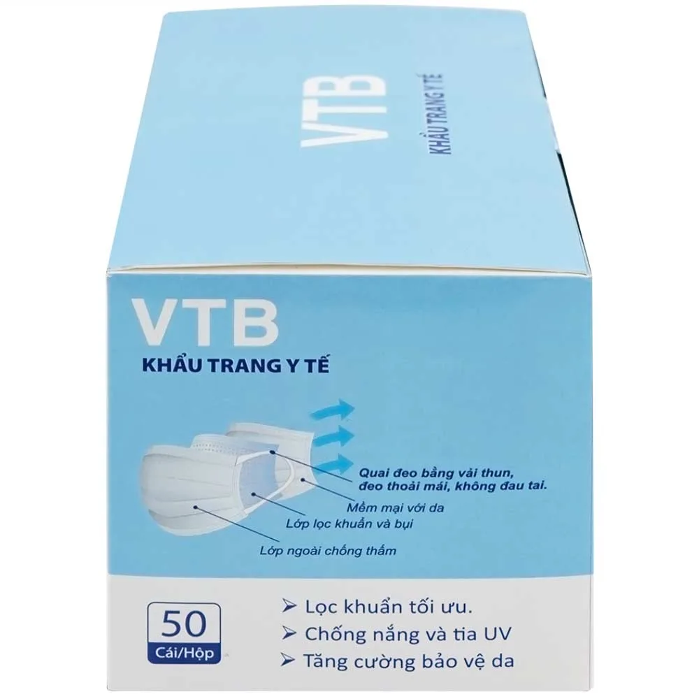 Hình ảnh Khẩu trang y tế VTB màu trắng 3 lớp hỗ trợ ngăn khói, bụi, kháng khuẩn (50 cái)