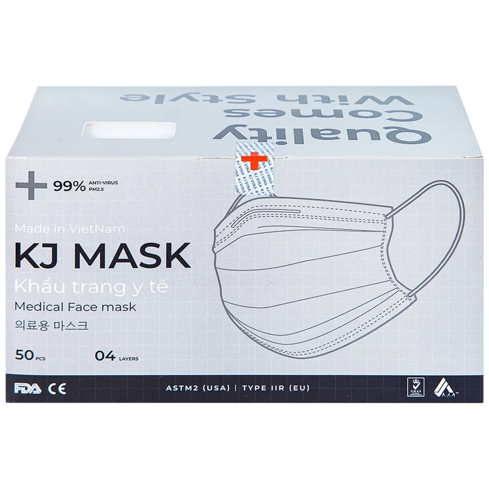 Hình ảnh Khẩu trang y tế KJ Mask màu trắng 4 lớp hỗ trợ ngăn khói, bụi, kháng khuẩn (50 cái)