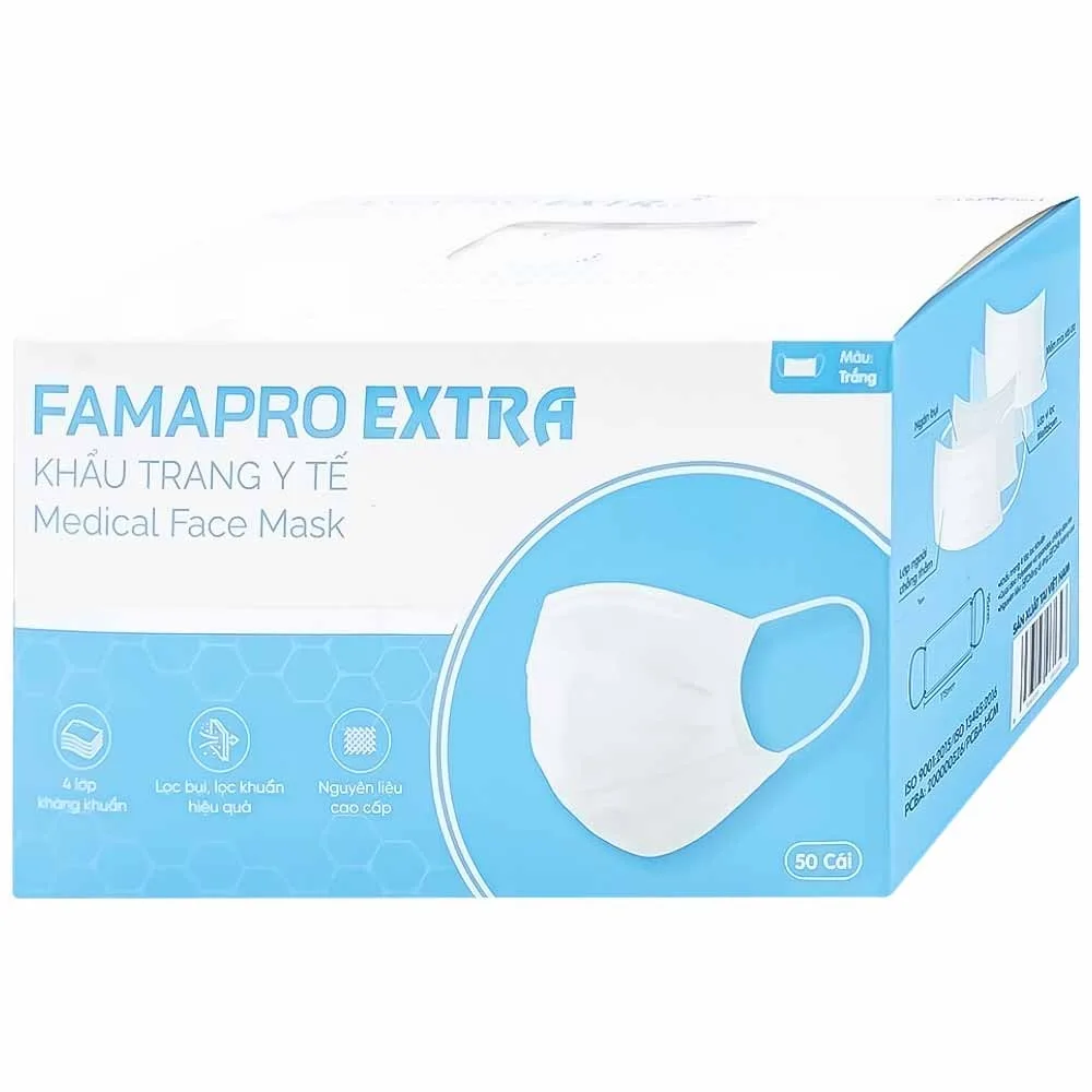 Hình ảnh Khẩu trang y tế Famapro Extra màu trắng 4 lớp hỗ trợ ngăn khói, bụi, kháng khuẩn (50 cái)