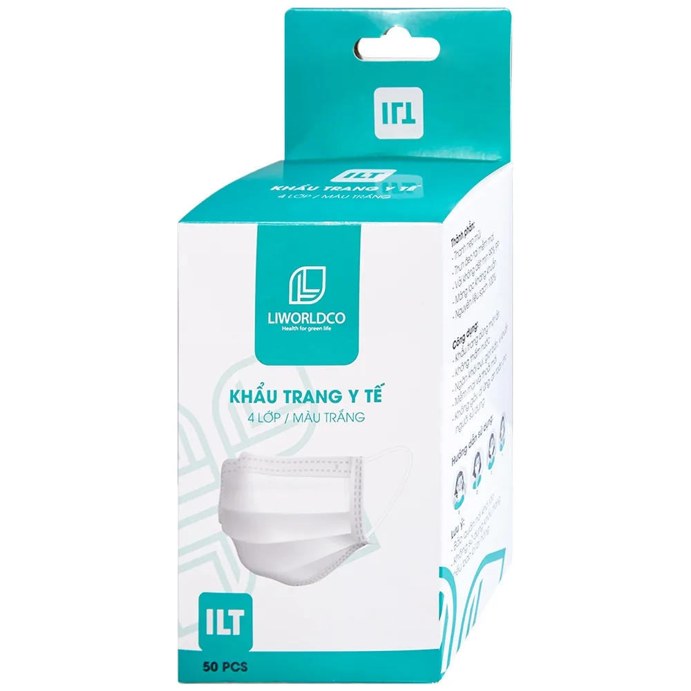 Hình ảnh Khẩu trang y tế Liworldco màu trắng 4 lớp hỗ trợ ngăn khói, bụi, kháng khuẩn (5 gói x 10 cái)