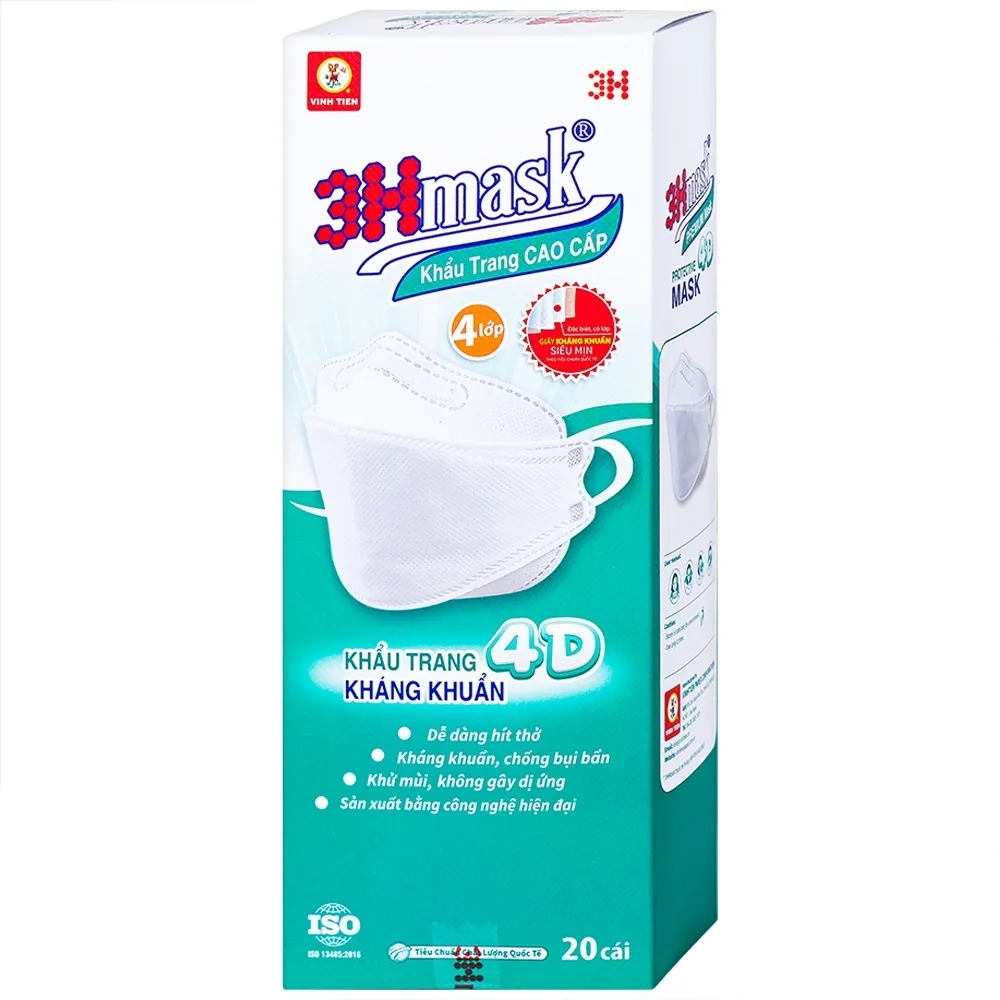 Hình ảnh Khẩu trang y tế cao cấp 3Hmask 4D Vĩnh Tiến màu trắng hỗ trợ ngăn khói, bụi, kháng khuẩn (20 cái)