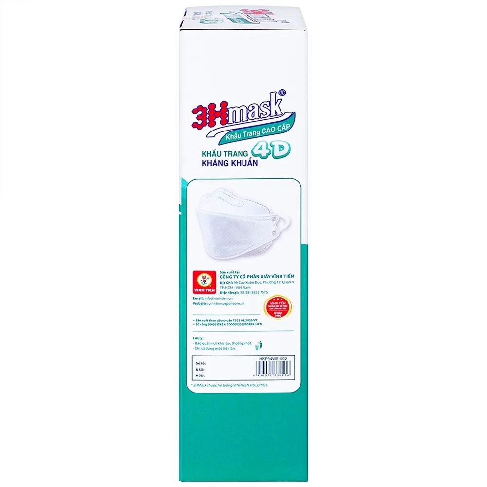 Hình ảnh Khẩu trang y tế cao cấp 3Hmask 4D Vĩnh Tiến màu trắng hỗ trợ ngăn khói, bụi, kháng khuẩn (20 cái)