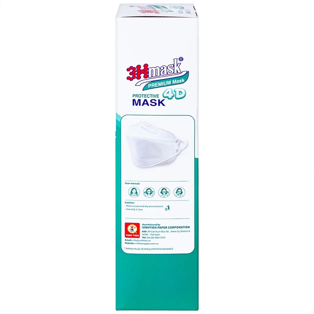Hình ảnh Khẩu trang y tế cao cấp 3Hmask 4D Vĩnh Tiến màu trắng hỗ trợ ngăn khói, bụi, kháng khuẩn (20 cái)