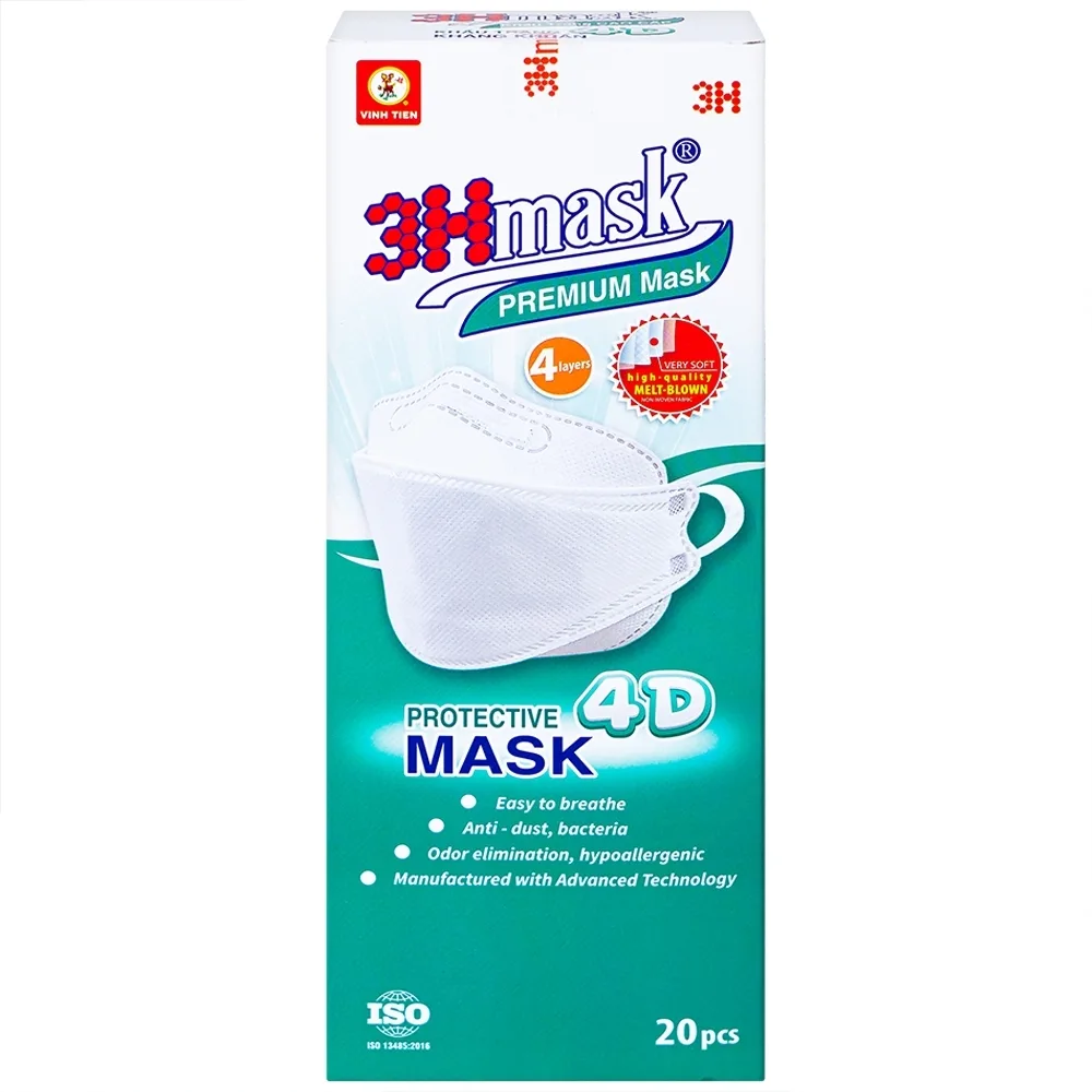 Hình ảnh Khẩu trang y tế cao cấp 3Hmask 4D Vĩnh Tiến màu trắng hỗ trợ ngăn khói, bụi, kháng khuẩn (20 cái)