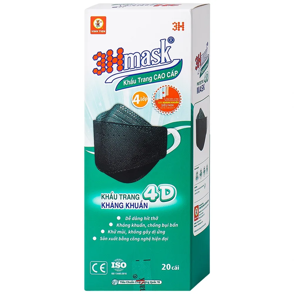 Hình ảnh Khẩu trang y tế cao cấp 3Hmask Vĩnh Tiến 4D màu đen hỗ trợ ngăn khói, bụi, kháng khuẩn (20 cái)