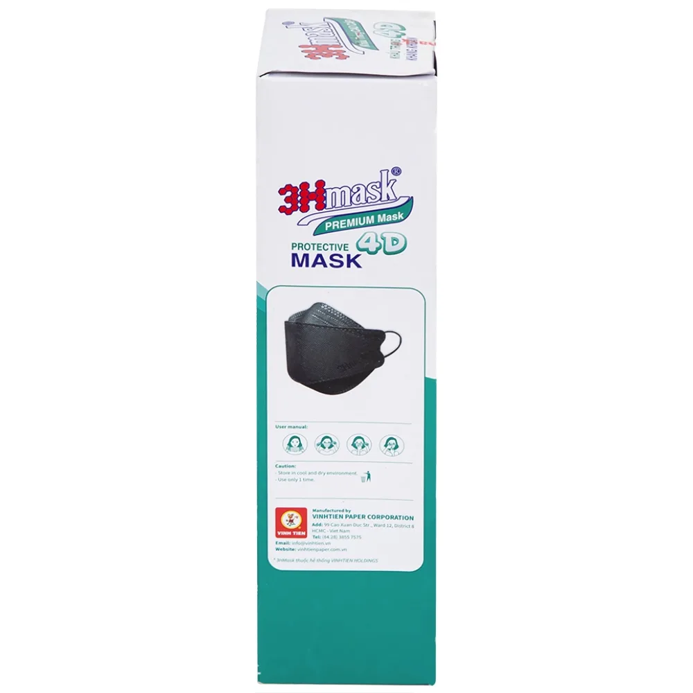 Hình ảnh Khẩu trang y tế cao cấp 3Hmask Vĩnh Tiến 4D màu đen hỗ trợ ngăn khói, bụi, kháng khuẩn (20 cái)
