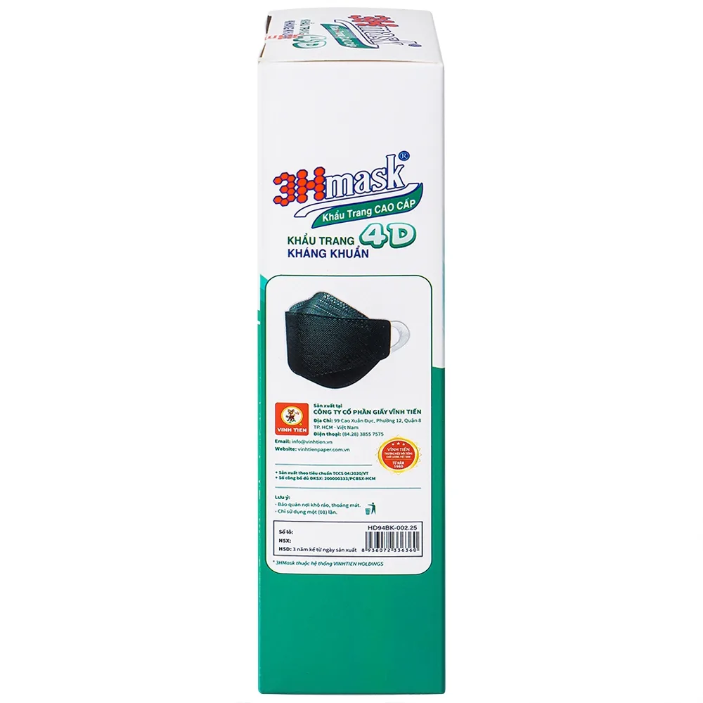Hình ảnh Khẩu trang y tế cao cấp 3Hmask Vĩnh Tiến 4D màu đen hỗ trợ ngăn khói, bụi, kháng khuẩn (20 cái)