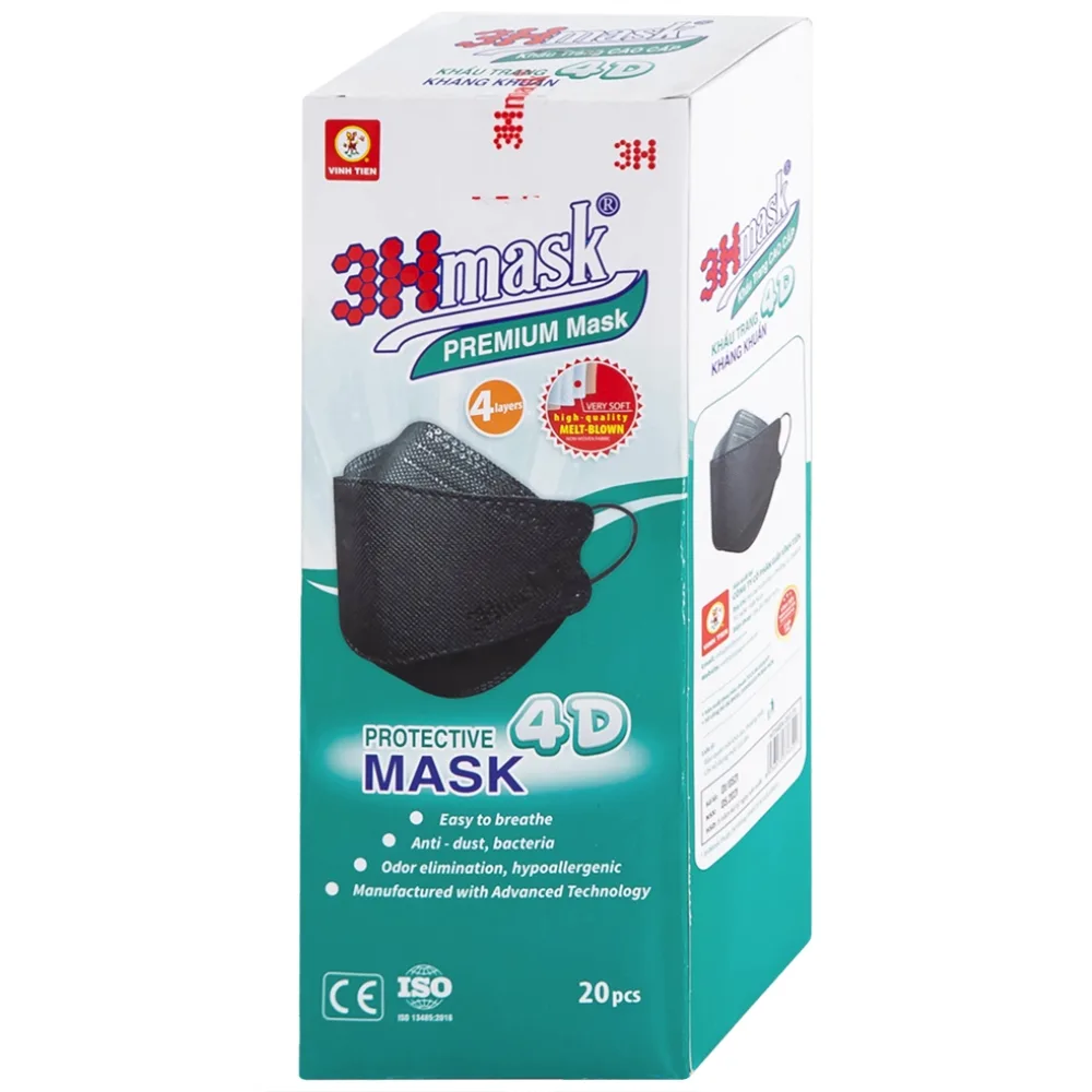Hình ảnh Khẩu trang y tế cao cấp 3Hmask Vĩnh Tiến 4D màu đen hỗ trợ ngăn khói, bụi, kháng khuẩn (20 cái)