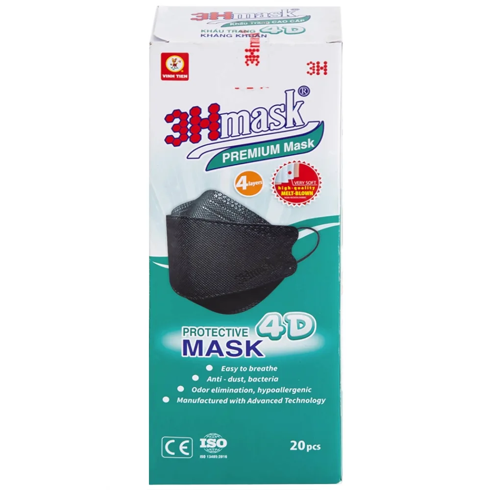 Hình ảnh Khẩu trang y tế cao cấp 3Hmask Vĩnh Tiến 4D màu đen hỗ trợ ngăn khói, bụi, kháng khuẩn (20 cái)