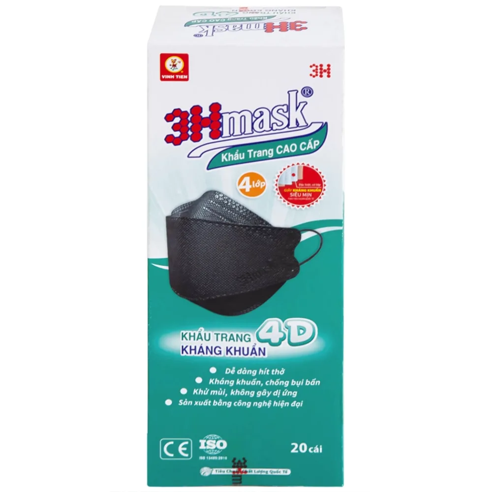 Hình ảnh Khẩu trang y tế cao cấp 3Hmask Vĩnh Tiến 4D màu đen hỗ trợ ngăn khói, bụi, kháng khuẩn (20 cái)
