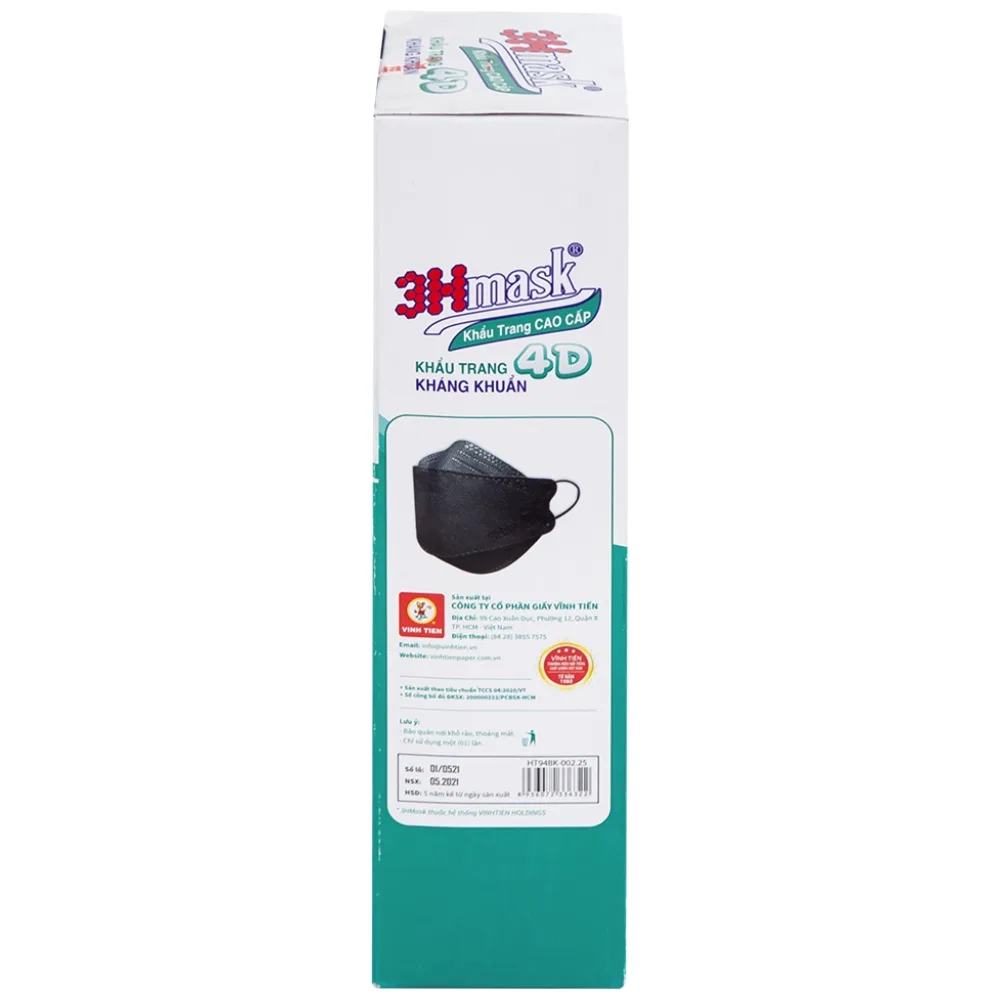 Hình ảnh Khẩu trang y tế cao cấp 3Hmask Vĩnh Tiến 4D màu đen hỗ trợ ngăn khói, bụi, kháng khuẩn (20 cái)