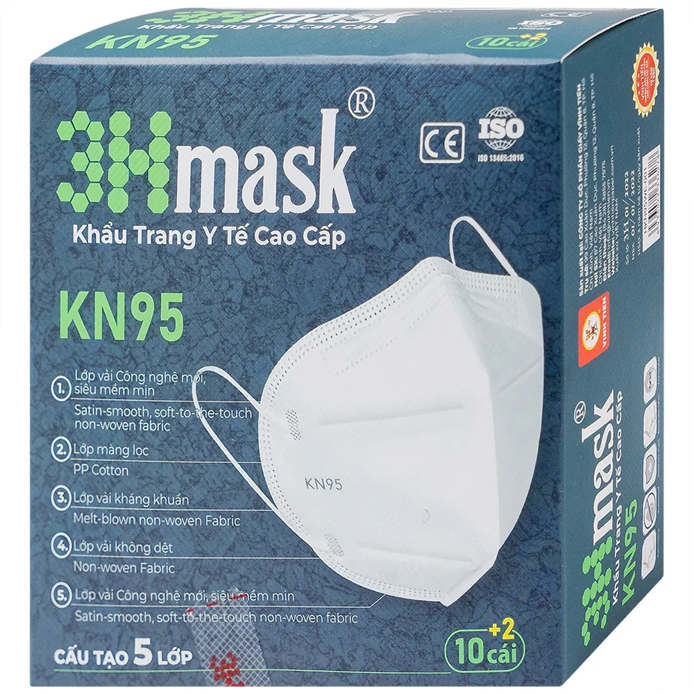 Hình ảnh Khẩu trang y tế cao cấp KN95 3Hmask Vĩnh Tiến màu trắng hỗ trợ ngăn khói, bụi, kháng khuẩn (12 cái)