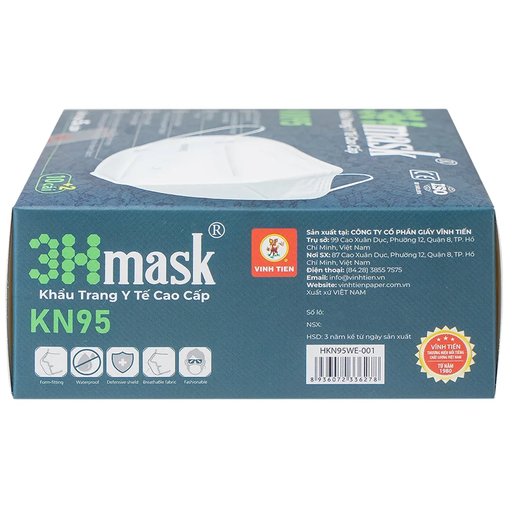 Hình ảnh Khẩu trang y tế cao cấp KN95 3Hmask Vĩnh Tiến màu trắng hỗ trợ ngăn khói, bụi, kháng khuẩn (12 cái)