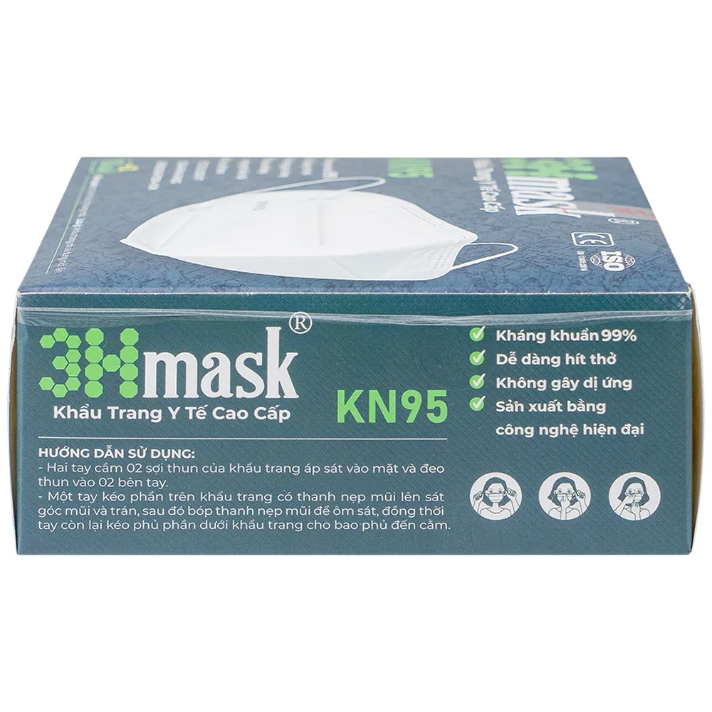 Hình ảnh Khẩu trang y tế cao cấp KN95 3Hmask Vĩnh Tiến màu trắng hỗ trợ ngăn khói, bụi, kháng khuẩn (12 cái)
