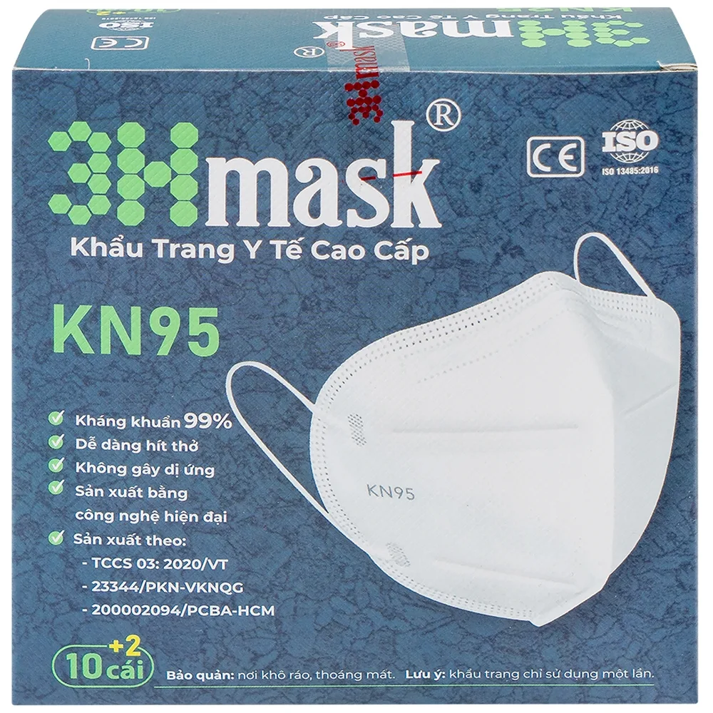 Hình ảnh Khẩu trang y tế cao cấp KN95 3Hmask Vĩnh Tiến màu trắng hỗ trợ ngăn khói, bụi, kháng khuẩn (12 cái)