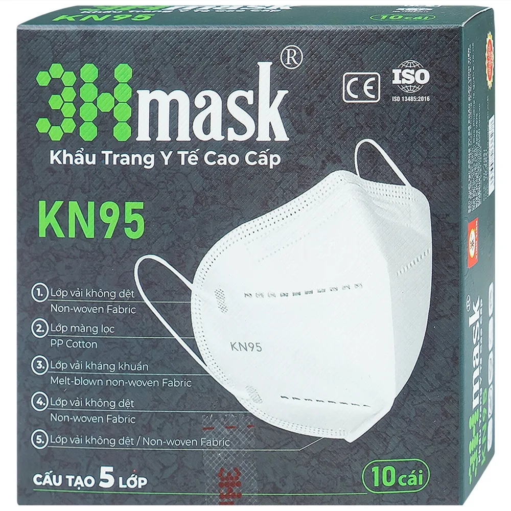 Hình ảnh Khẩu trang y tế cao cấp 3Hmask KN95 Vĩnh Tiến màu trắng hỗ trợ ngăn khói, bụi, kháng khuẩn (10 cái)