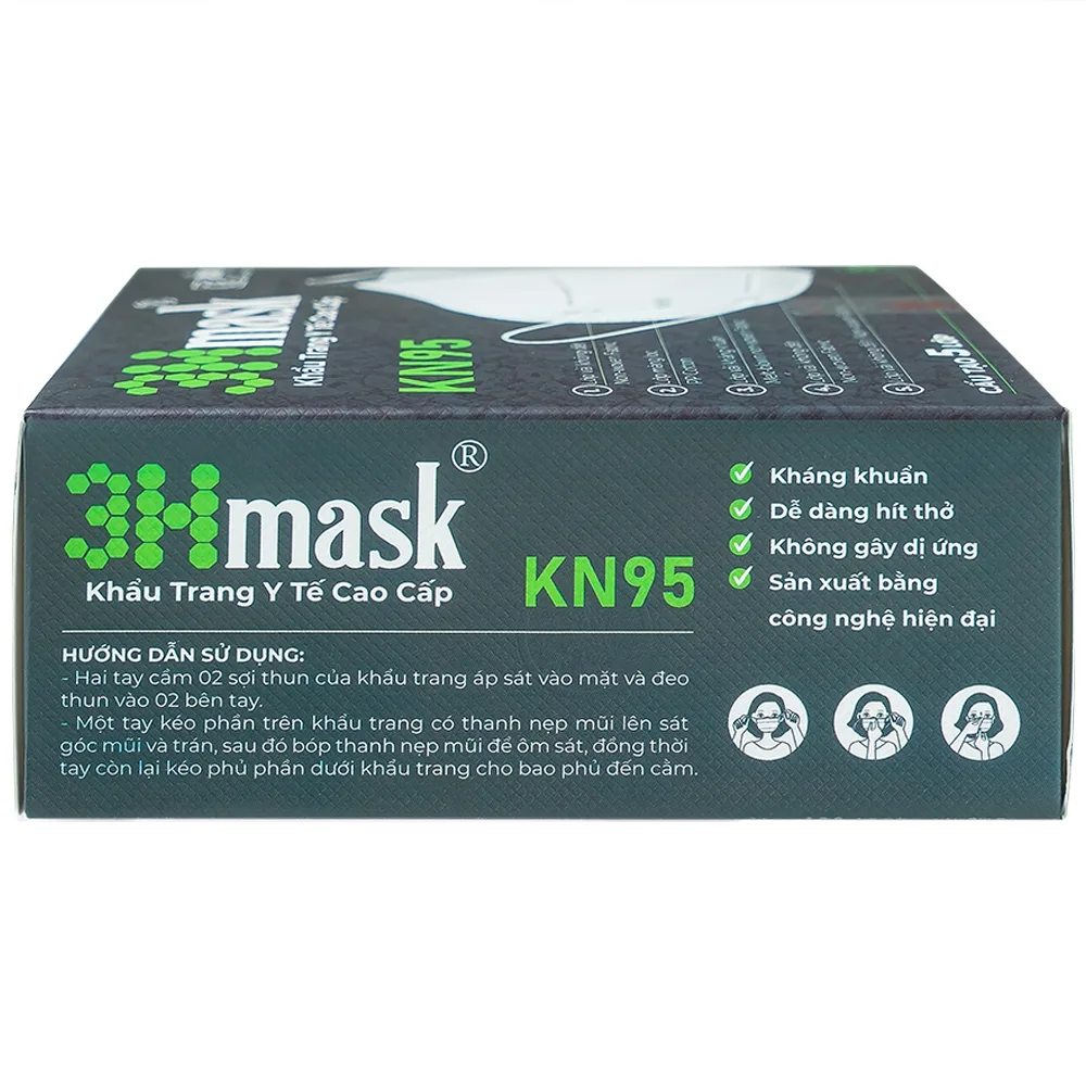 Hình ảnh Khẩu trang y tế cao cấp 3Hmask KN95 Vĩnh Tiến màu trắng hỗ trợ ngăn khói, bụi, kháng khuẩn (10 cái)