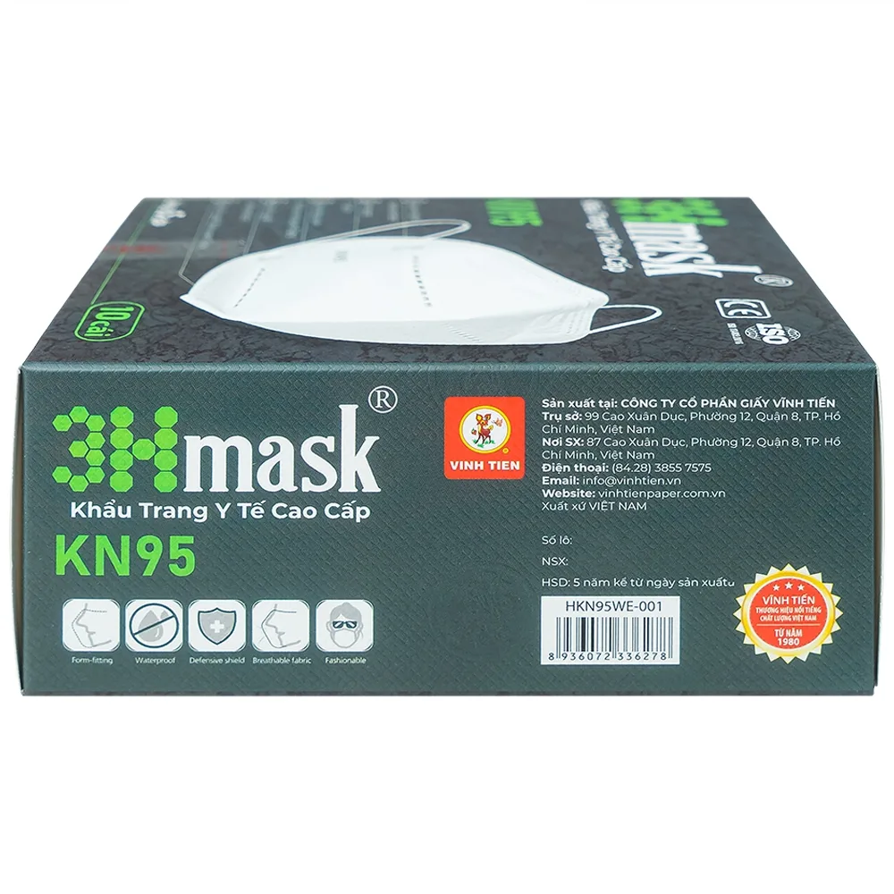 Hình ảnh Khẩu trang y tế cao cấp 3Hmask KN95 Vĩnh Tiến màu trắng hỗ trợ ngăn khói, bụi, kháng khuẩn (10 cái)